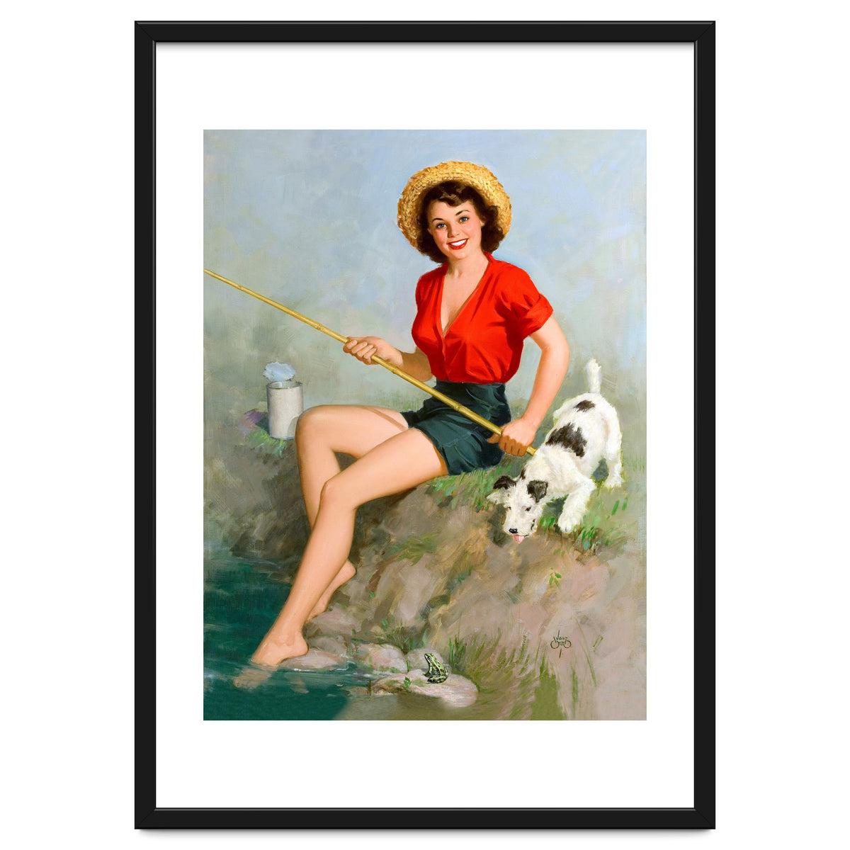 Pinup Girl Fishing With Her Dog