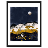 Midnight Lake, Stork Wildlife Animals Abstract Painting, Nature Landscape Travel Adventure Full Moon Night, Eclectic Gold Birds Magical Bohemian thumbnail