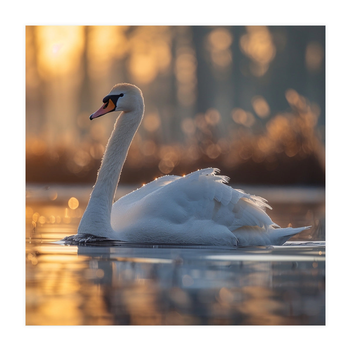 Majestic Swan Gliding On Water At Sunset (Print Only)