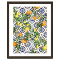 Blue Mediterranean tiles, lemons and oranges fruit