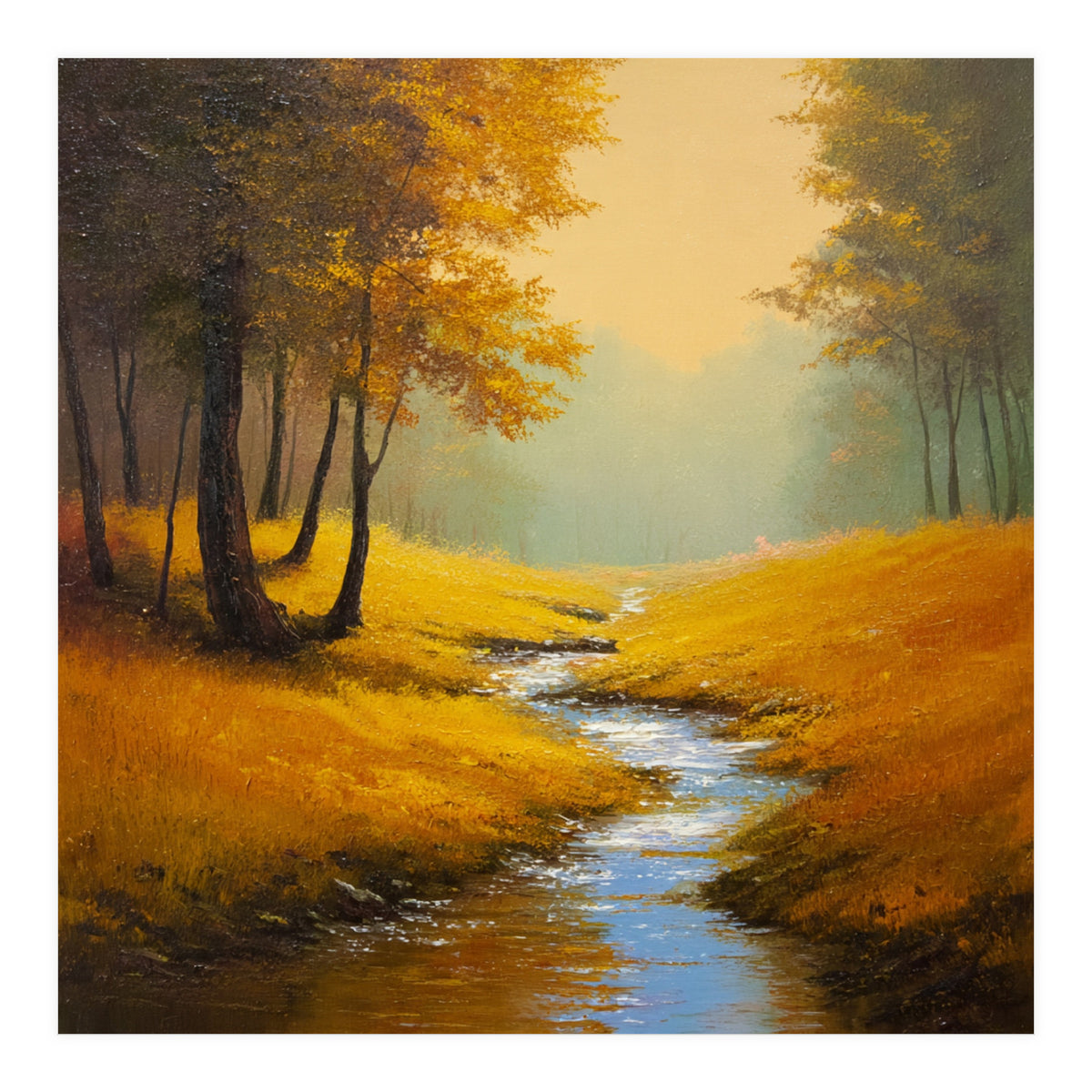 Golden Autumn Forest Path with Winding Creek (Print Only)
