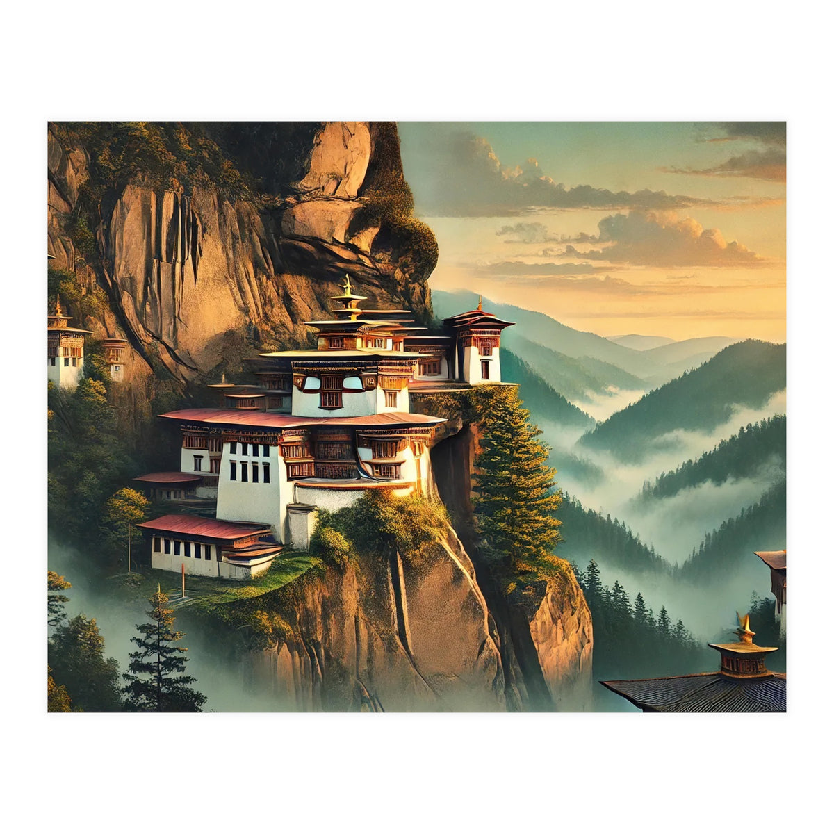 Vintage Bhutan, Mountain Monasteries Poster (Print Only)