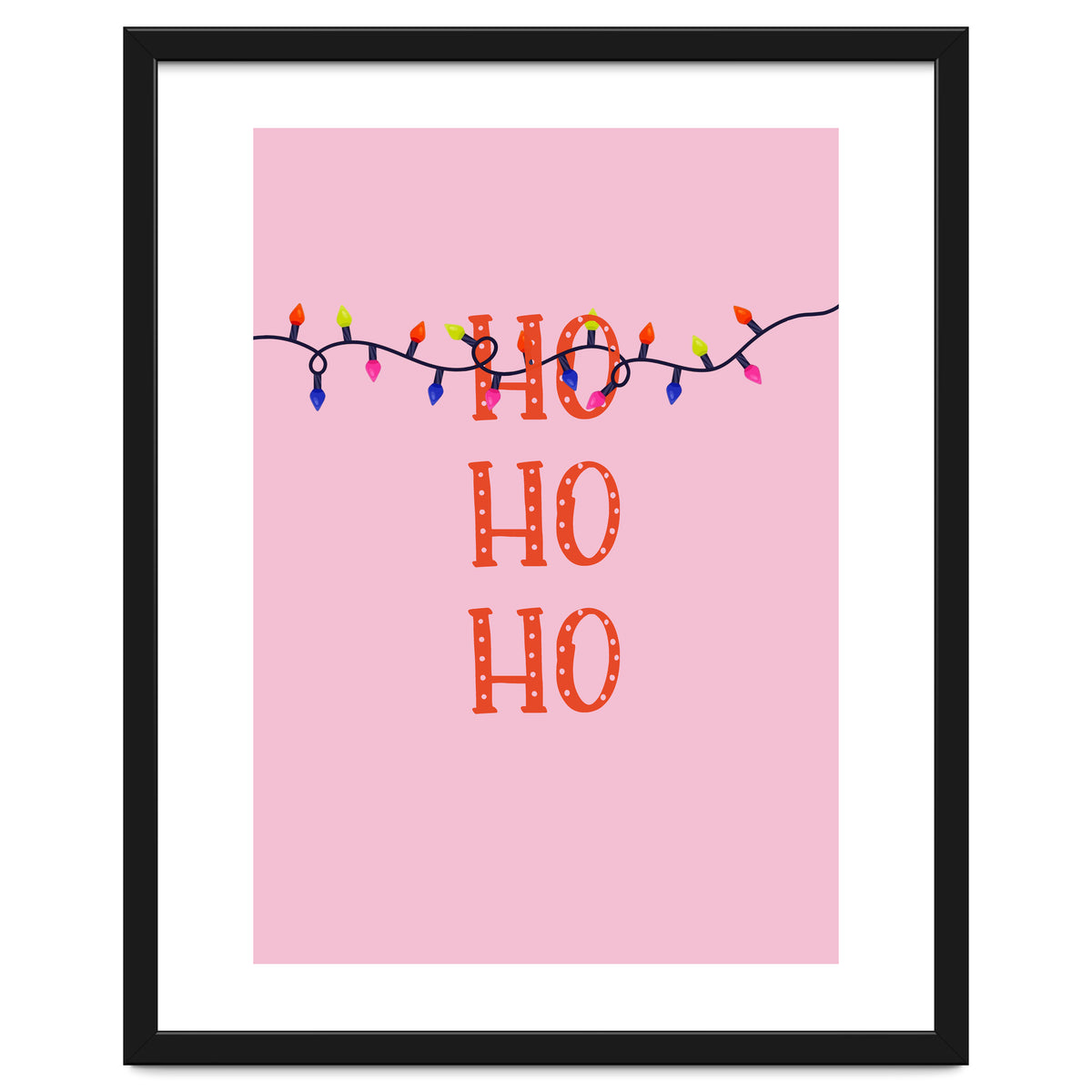 HO HO HO Christmas Lights Art, Pink Holiday Illustration, Modern Festive Quote