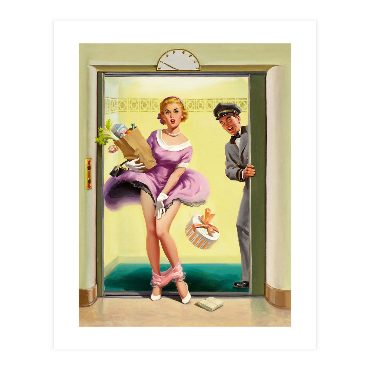 Pinup Sexy Girl Had Accident While Leaving The Elevator (Print Only)