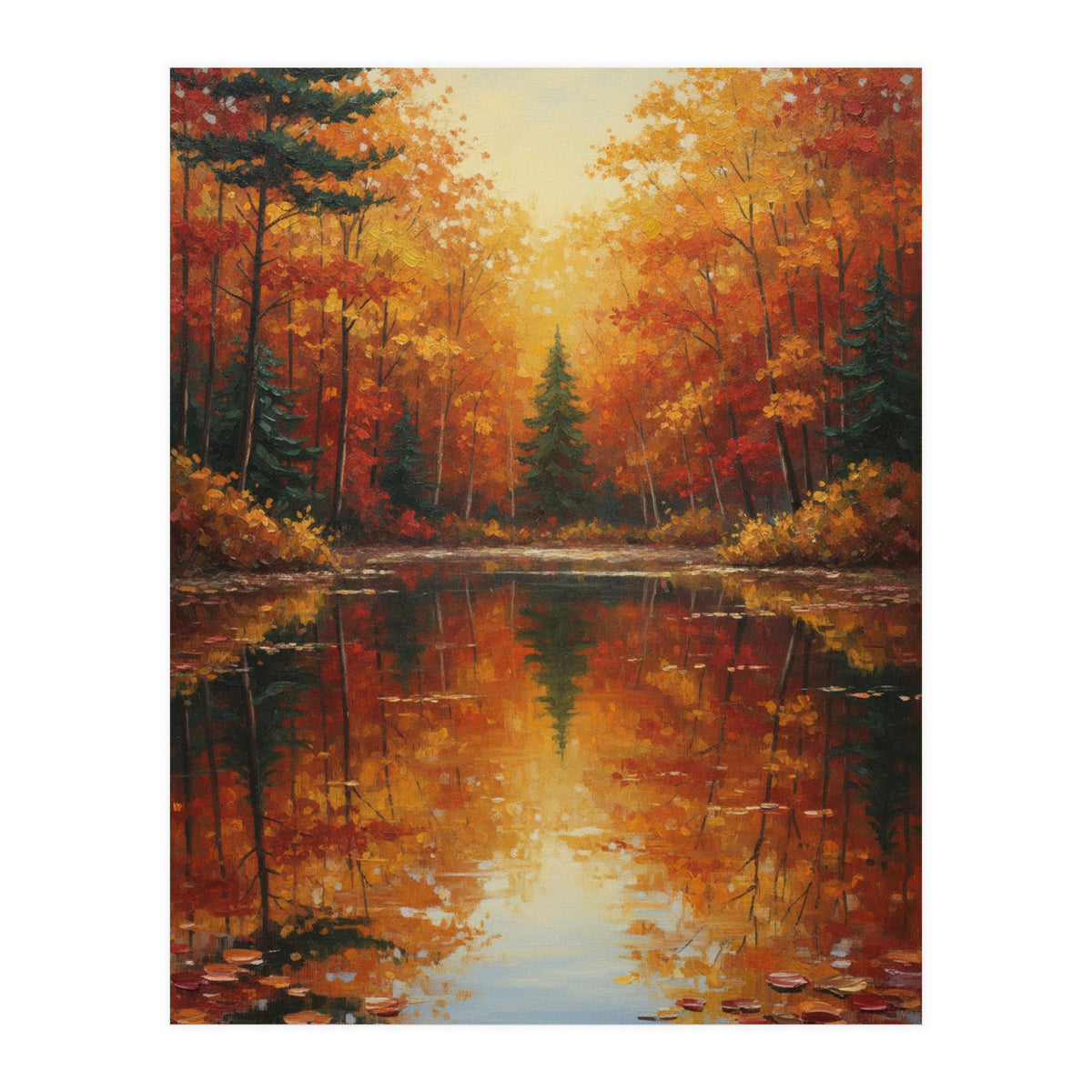 Golden Autumn Reflection: Impasto Forest Landscape (Print Only)