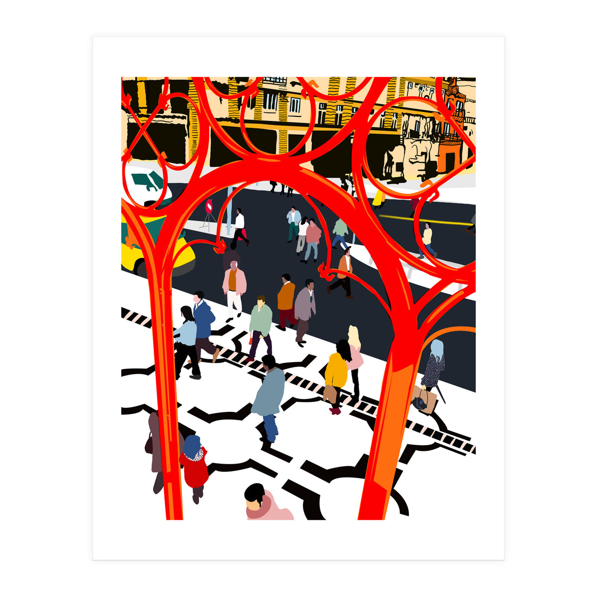 City Street, Eclectic Architecture Buildings Busy New York, People Work Office Daily Life Boho Contemporary Traffic Gifts (Print Only)