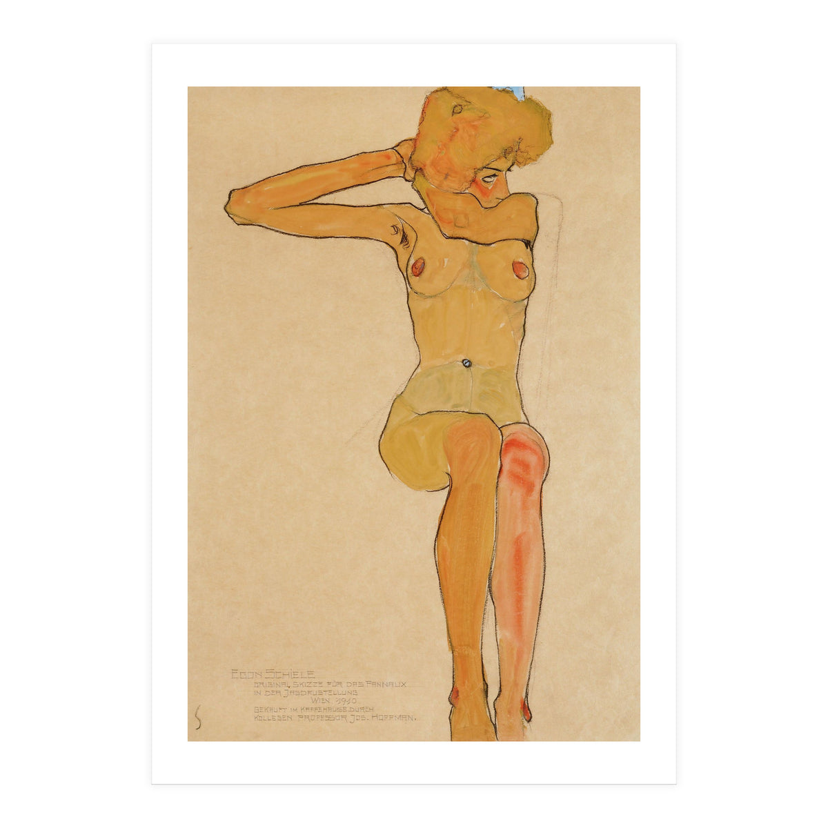 Seated female nude with raised right arm,1910 Gouache,. (Print Only)