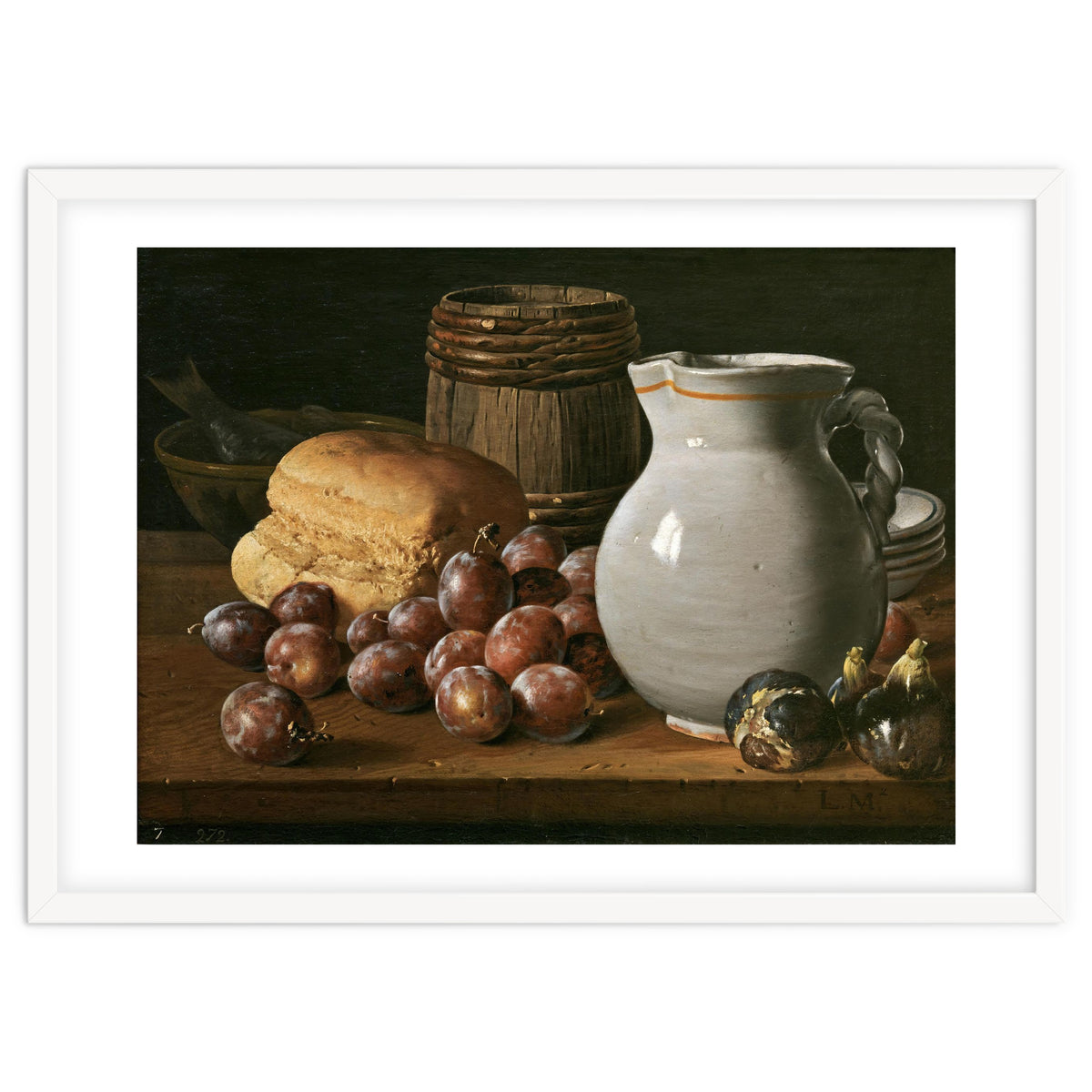 Luis Egidio Meléndez / 'Still Life with Plums, Figs, Bread and Fish', 18th century, Spanish School.