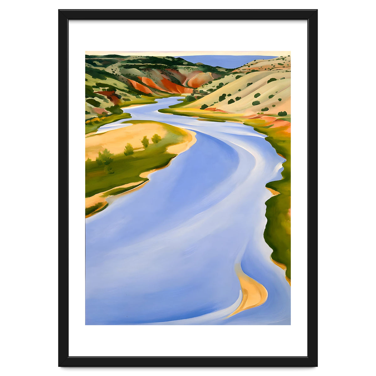 Georgia O’Keeffe – Chama River, Ghost Ranch (1937) | Serene Southwestern Landscape in Bold Modernist Forms