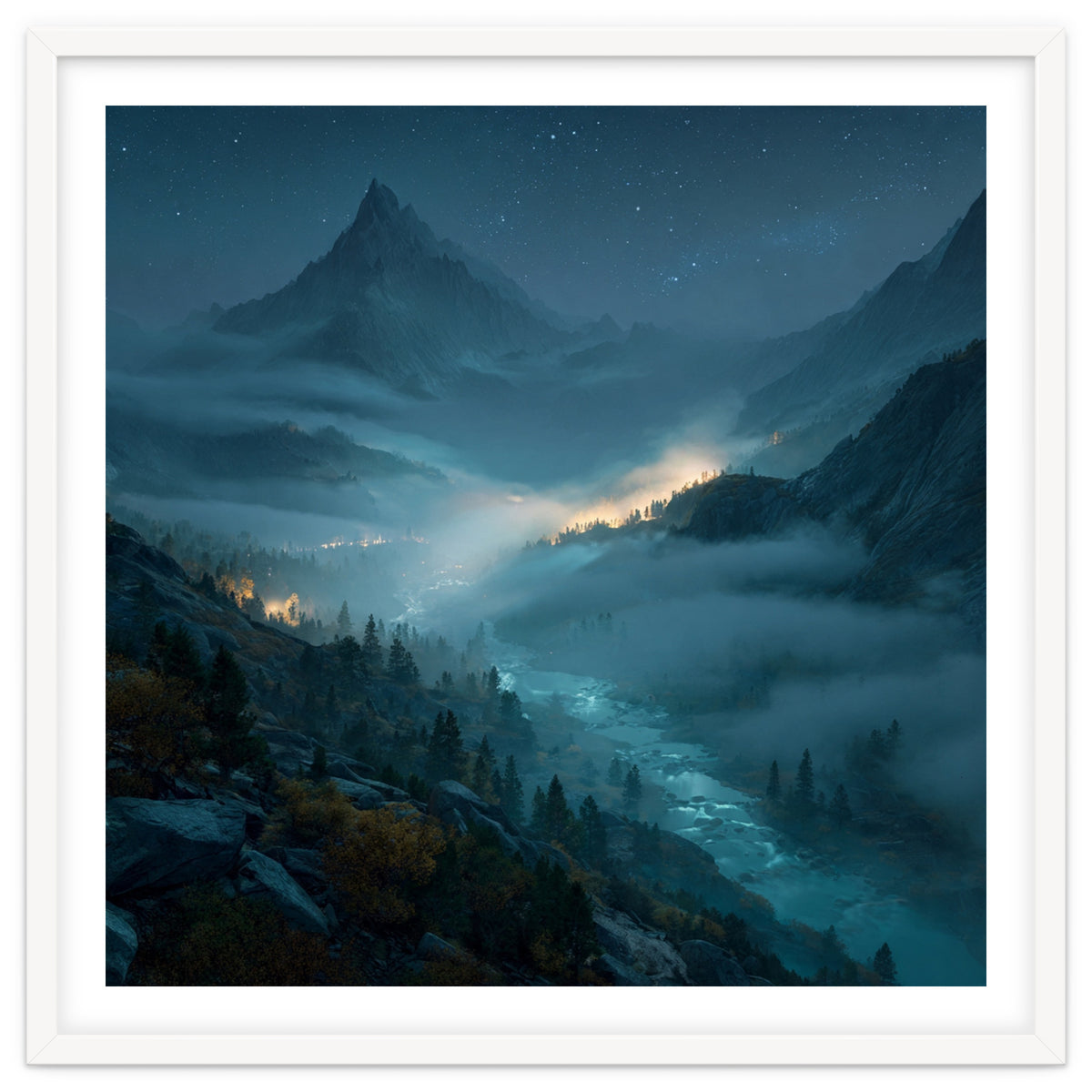 Moonlit Alpine Valley at Night with Shimmering River