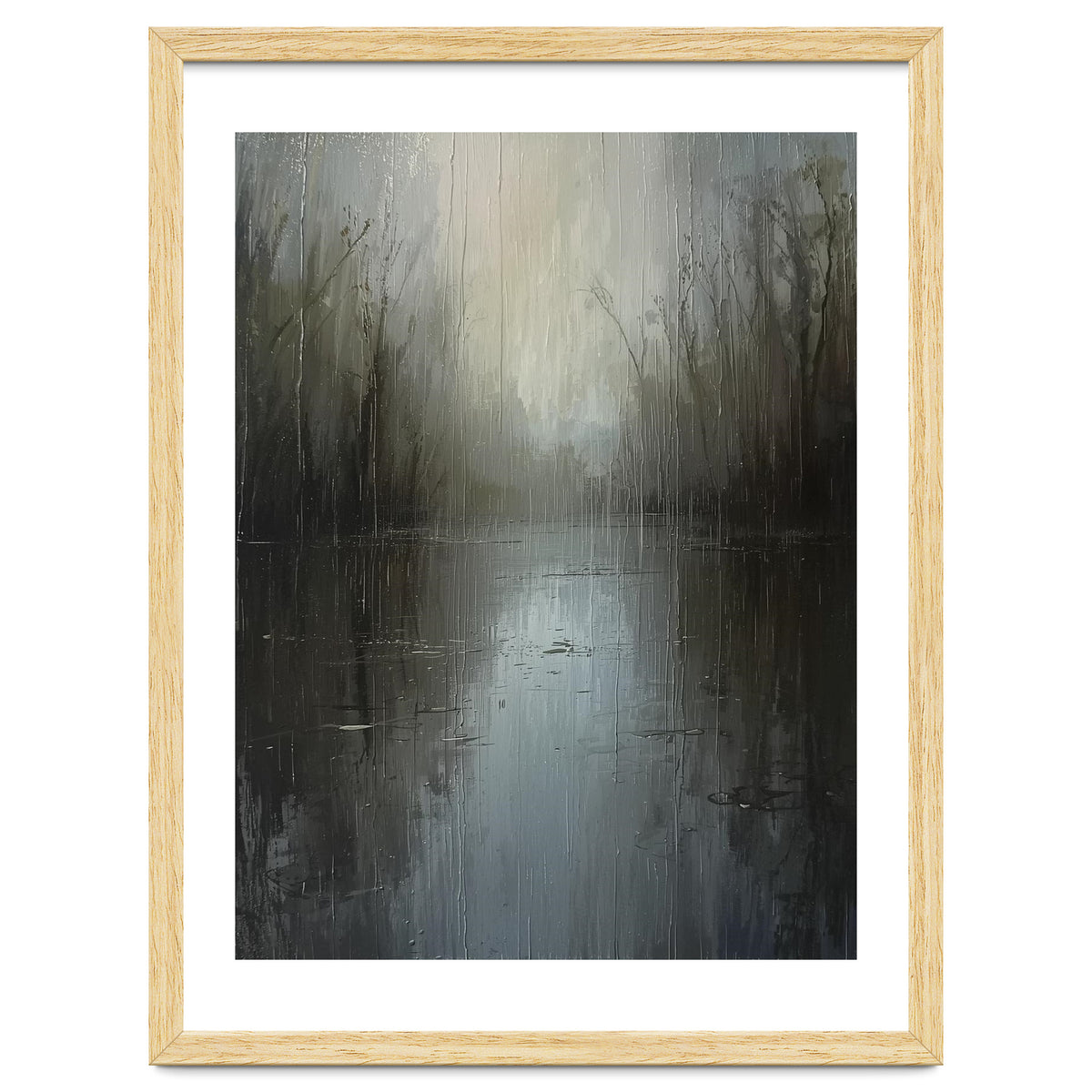 Ethereal Rainy Lake Forest Oil Painting