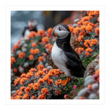 Atlantic Puffin Bird Perched On Orange Flowers (Print Only) thumbnail