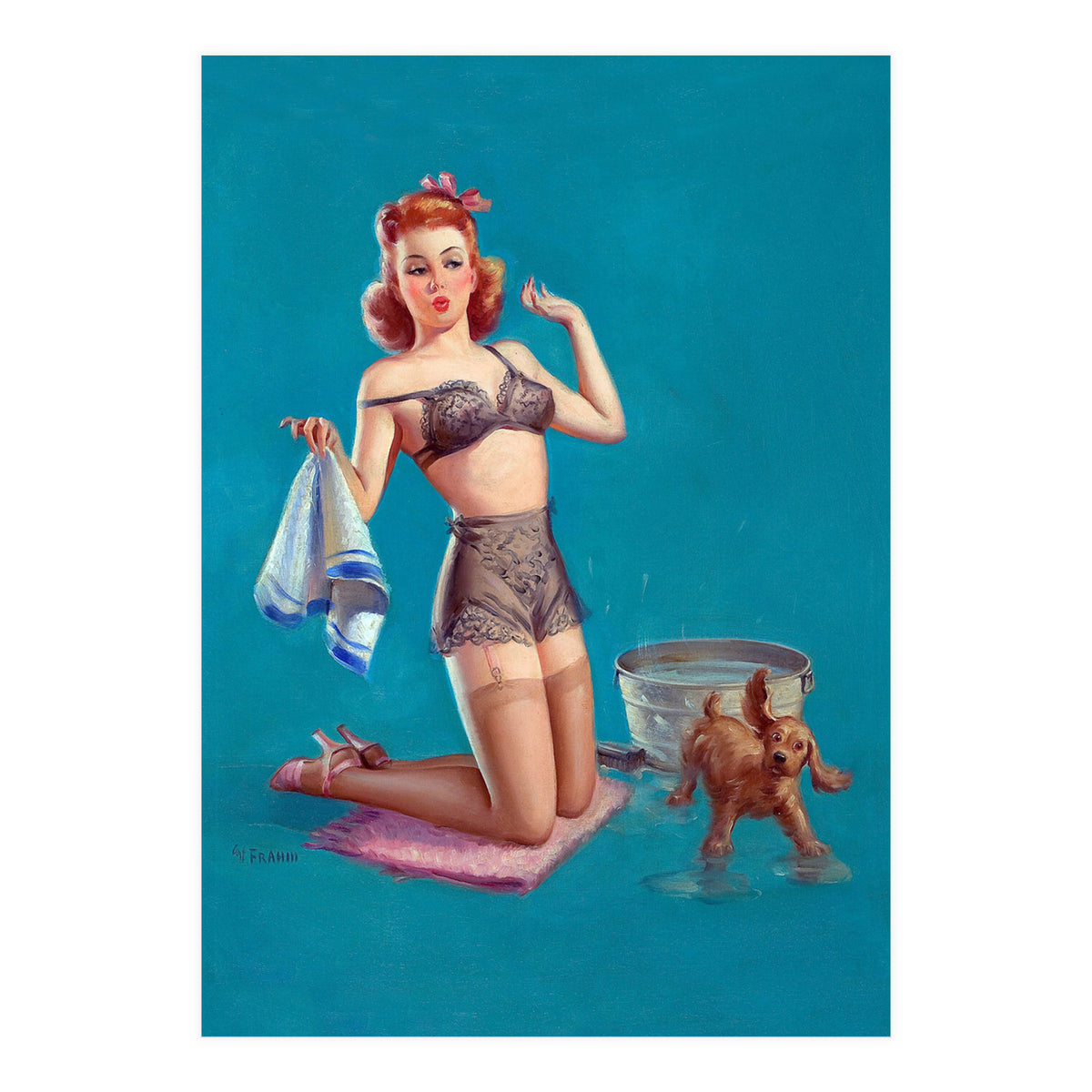 Pinup Girl Bathing A Dog (Print Only)