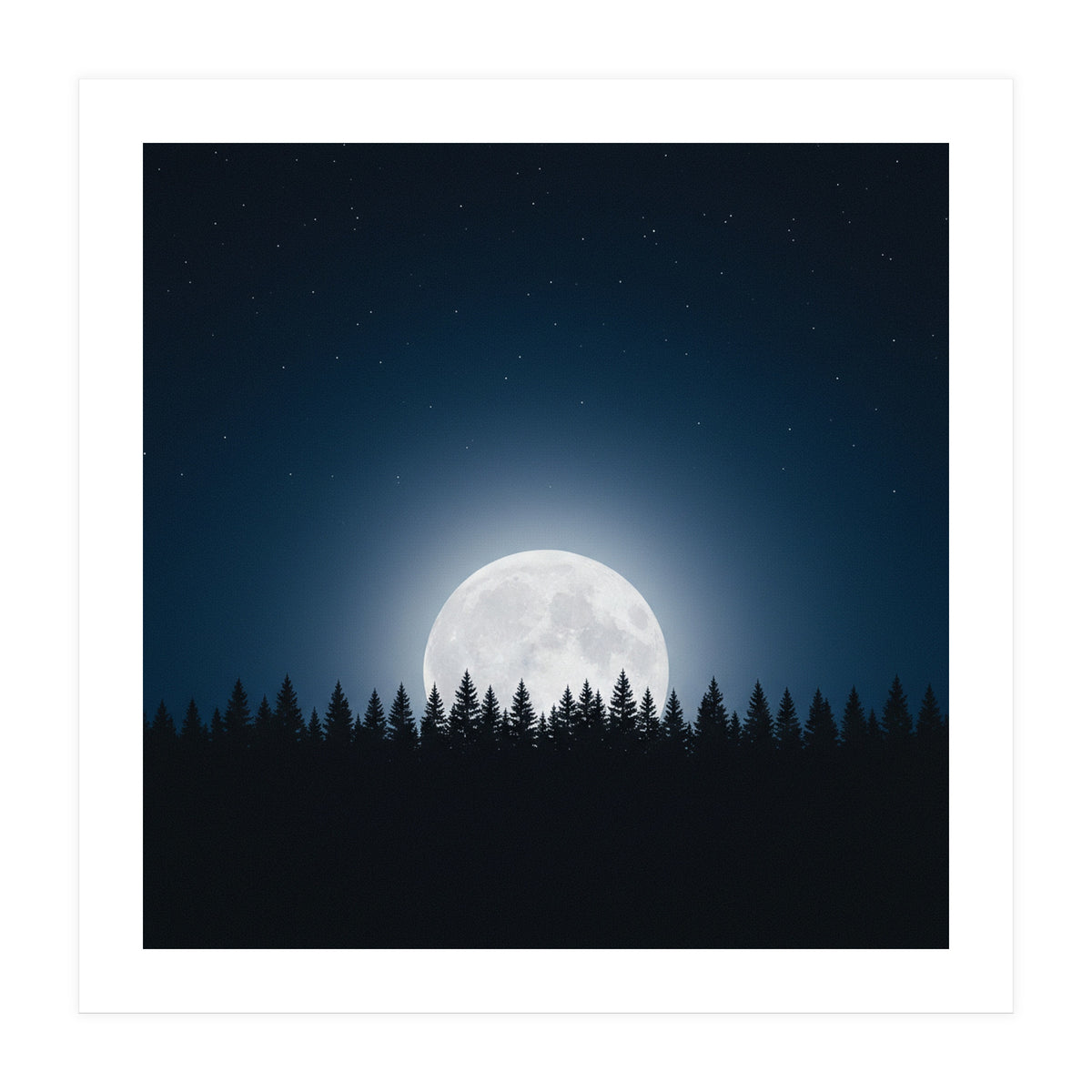 Midnight Serenity: Full Moon Over Forest Silhouettes (Print Only)