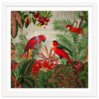 Vintage Rainforest With Tropical Red Parrots