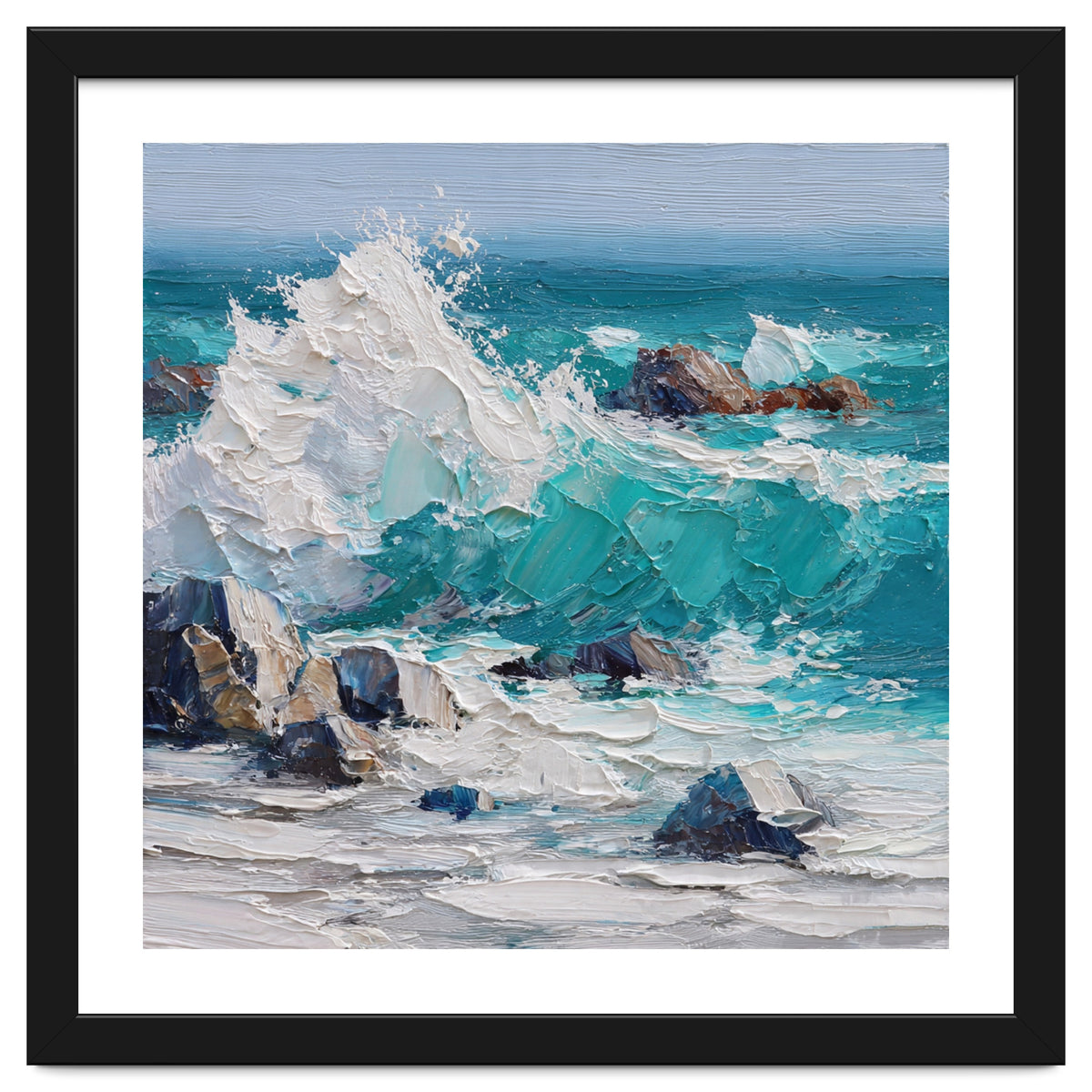 Dynamic Crashing Turquoise Ocean Wave Against Rugged Coastal Rocks