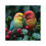 Lovebirds Perched Amidst Red Berries And Green Foliage (Print Only) thumbnail