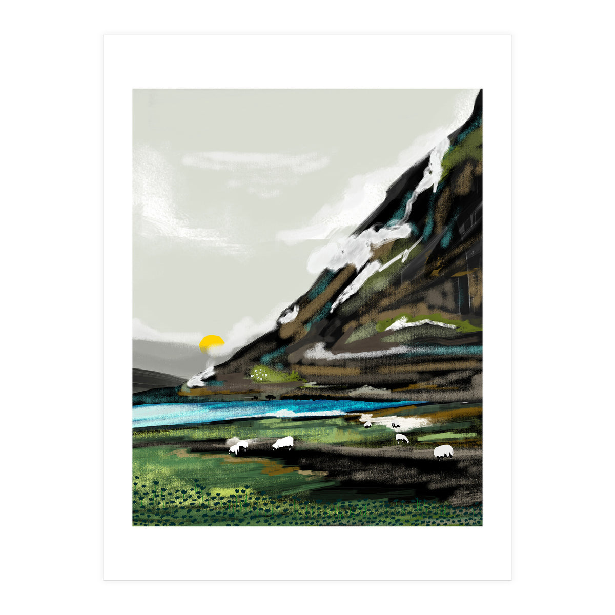 Graze, Cattle Nature Landscape Painting, Mountains Wild Adventure Cows, Animals Grassland Bohemian (Print Only)