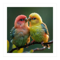 Two Lovebirds Perched On A Branch In Rain (Print Only)