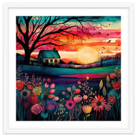 Watercolor Folk Art Sunset Landscape