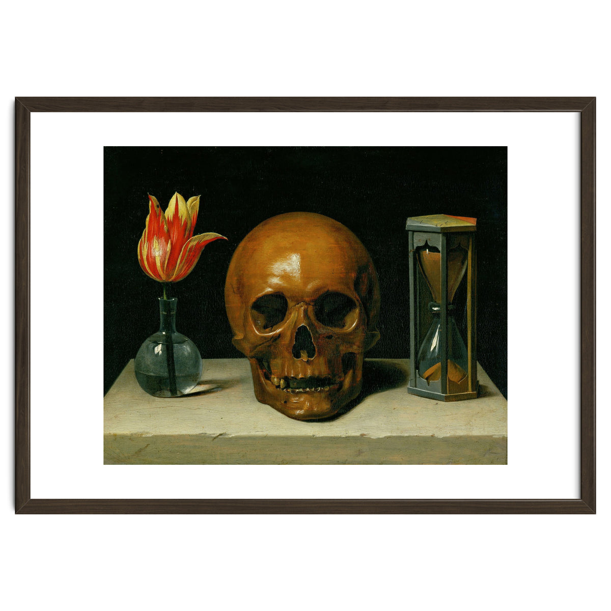 Vanitas, allegory of fleeting time with skull and hour-glass. Oil on canvas.