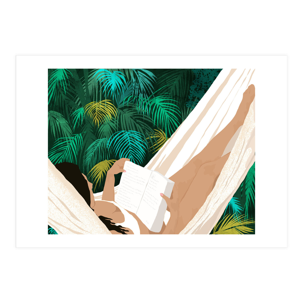 Summer Hammock Reading, Tropical Jungle Travel, Watercolor Nature Bohemian Forest Plants, Palm Beach (Print Only)