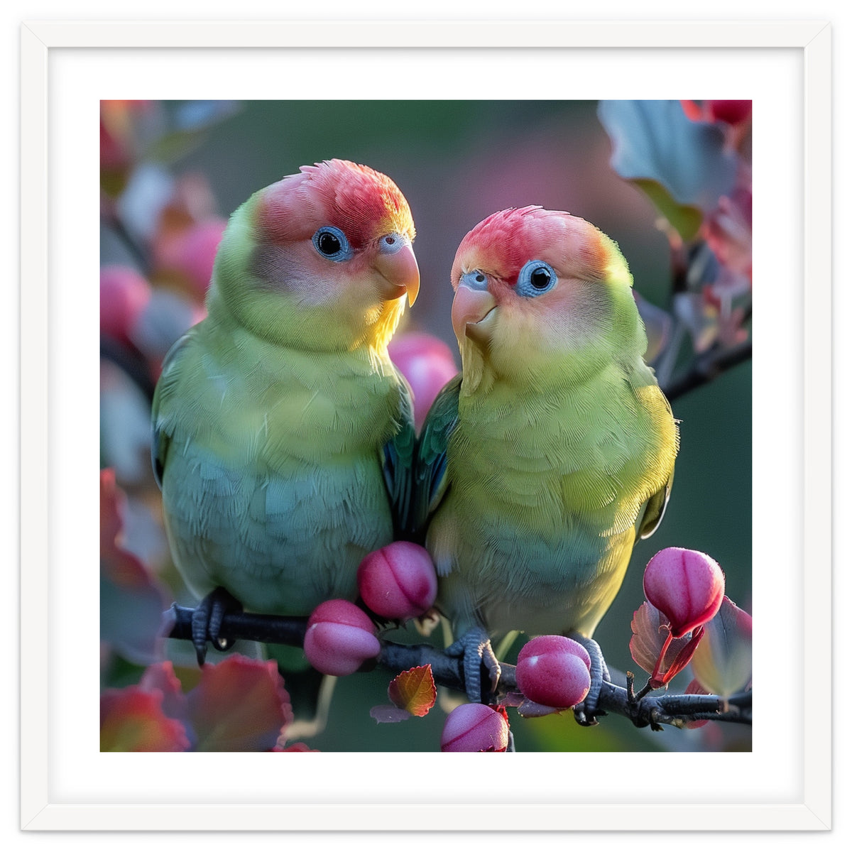 Two Lovebirds On A Branch Surrounded By Berries