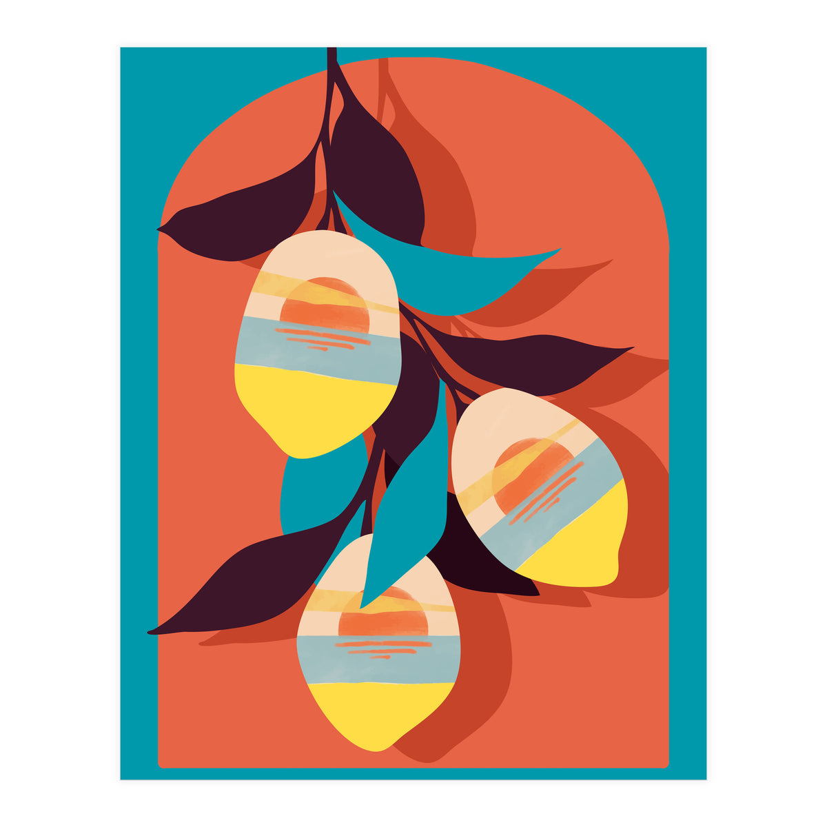 Lemon Sunset, Eclectic Botanical Colorful Bohemian Fruits, Food Pop Of Color Lime Retro (Print Only)