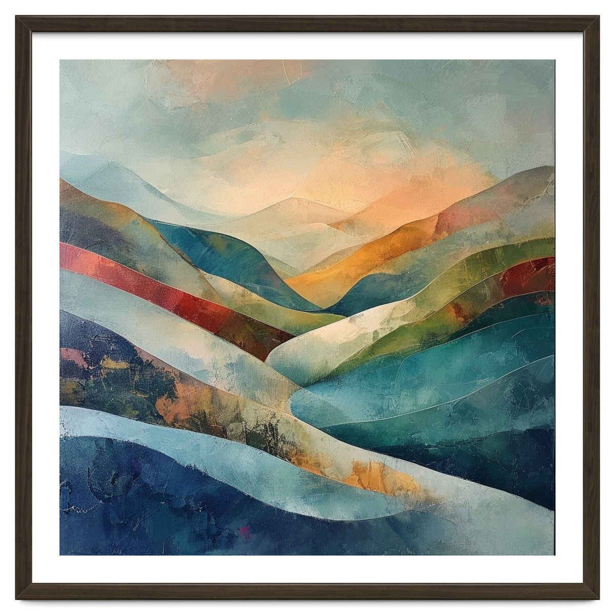 Abstract Mountain Landscape Painting with Textured Rolling Hills