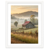 Rustic Red Roof Barn in Misty Morning Valley Landscape thumbnail