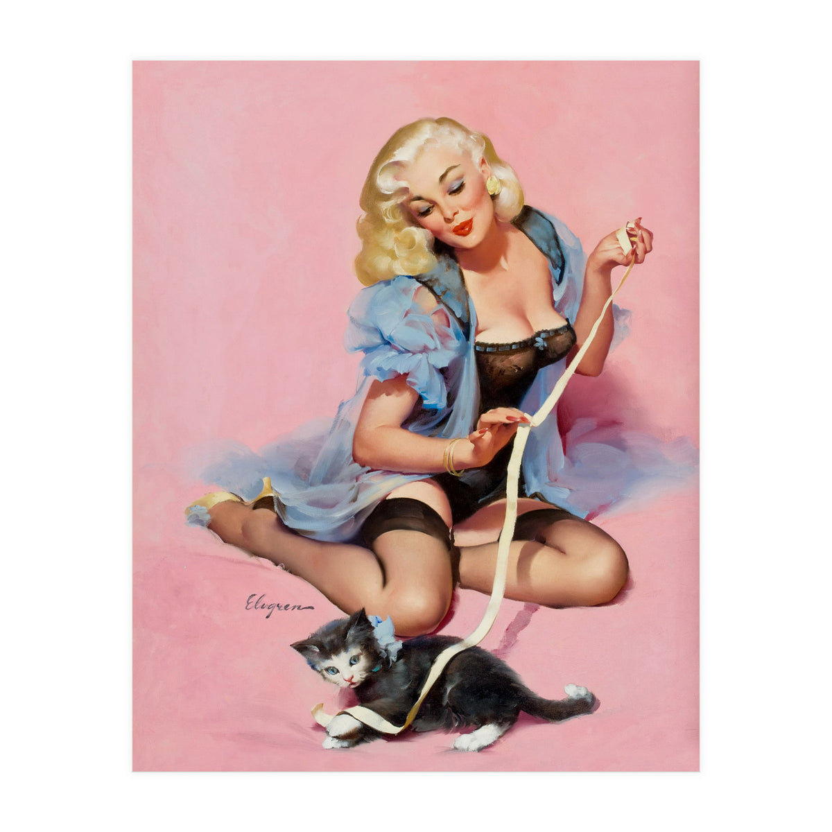 Sexy Pinup Girl Playing With Her Cat (Print Only)