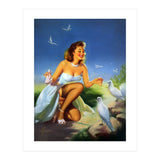 Beautiful Pinup Girl Feeding White Pigeons (Print Only) thumbnail