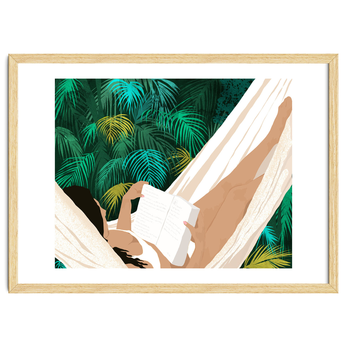 Summer Hammock Reading, Tropical Jungle Travel, Watercolor Nature Bohemian Forest Plants, Palm Beach