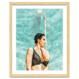 Bathe | Woman Pool Shower | Summer Swim Watercolor Painting | Brunette Bikini Boho Fashion thumbnail