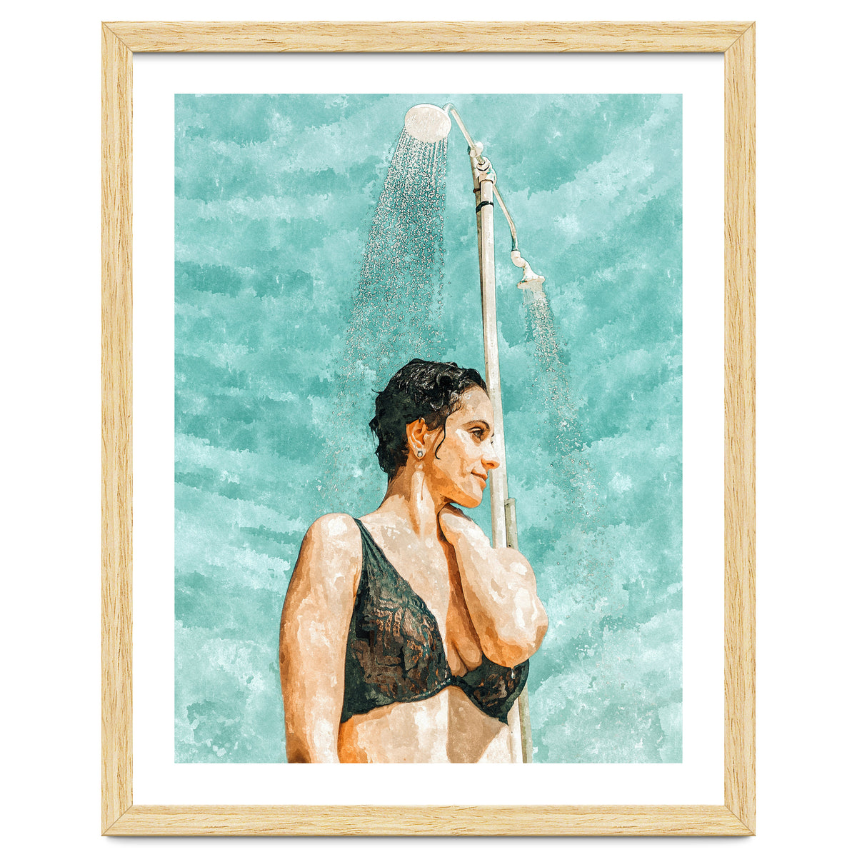 Bathe | Woman Pool Shower | Summer Swim Watercolor Painting | Brunette Bikini Boho Fashion