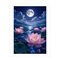 Moonlit Lotus Pond: Serene Nighttime Floral Landscape (Print Only)