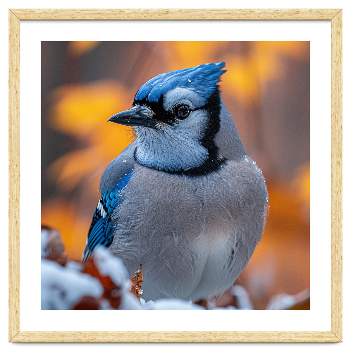 Blue Jay Bird In Winter Snowfall And Leaves