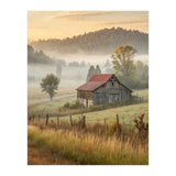 Rustic Red Roof Barn in Misty Morning Valley Landscape (Print Only) thumbnail