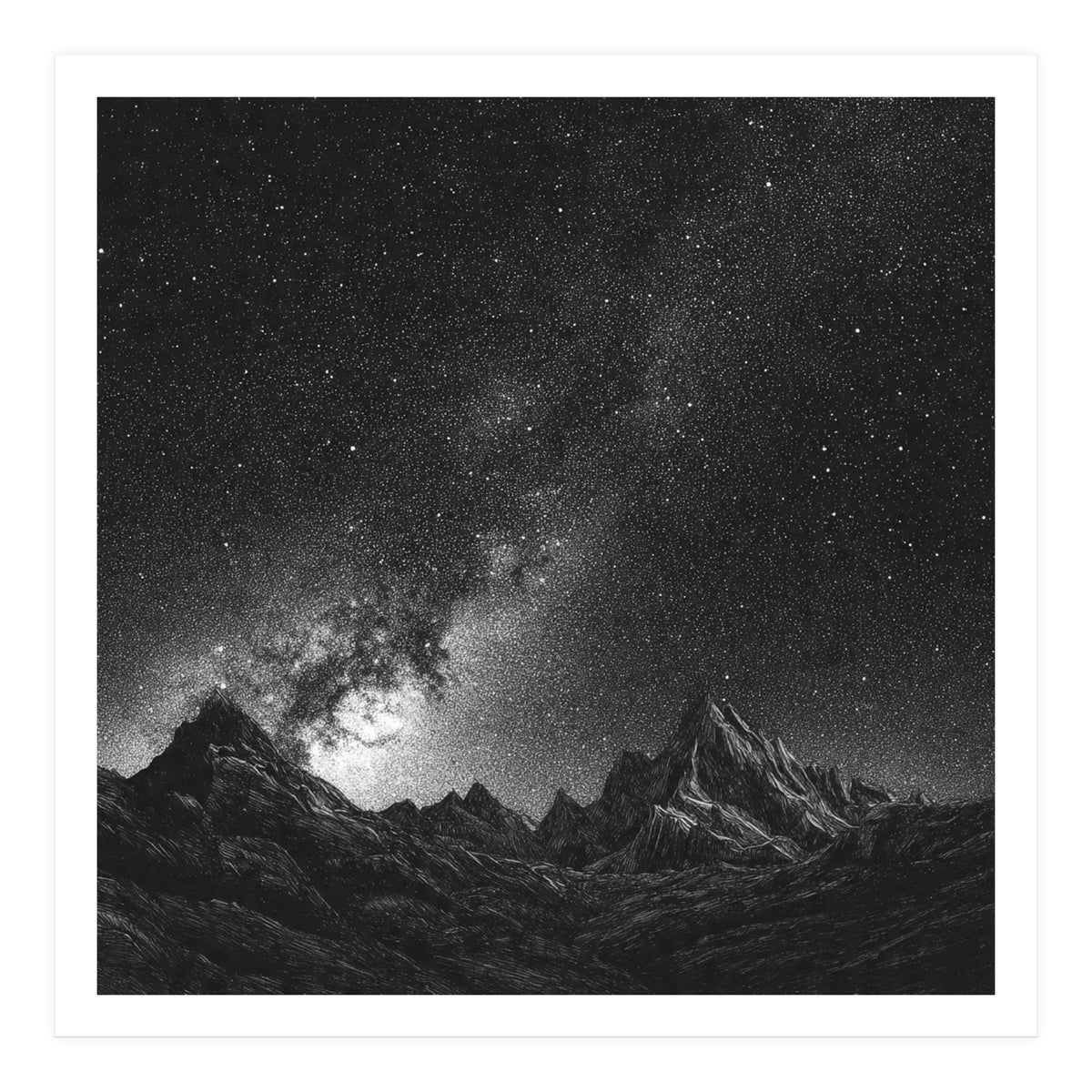 Starlit Mountain Majesty: Detailed Monochrome Milky Way (Print Only)