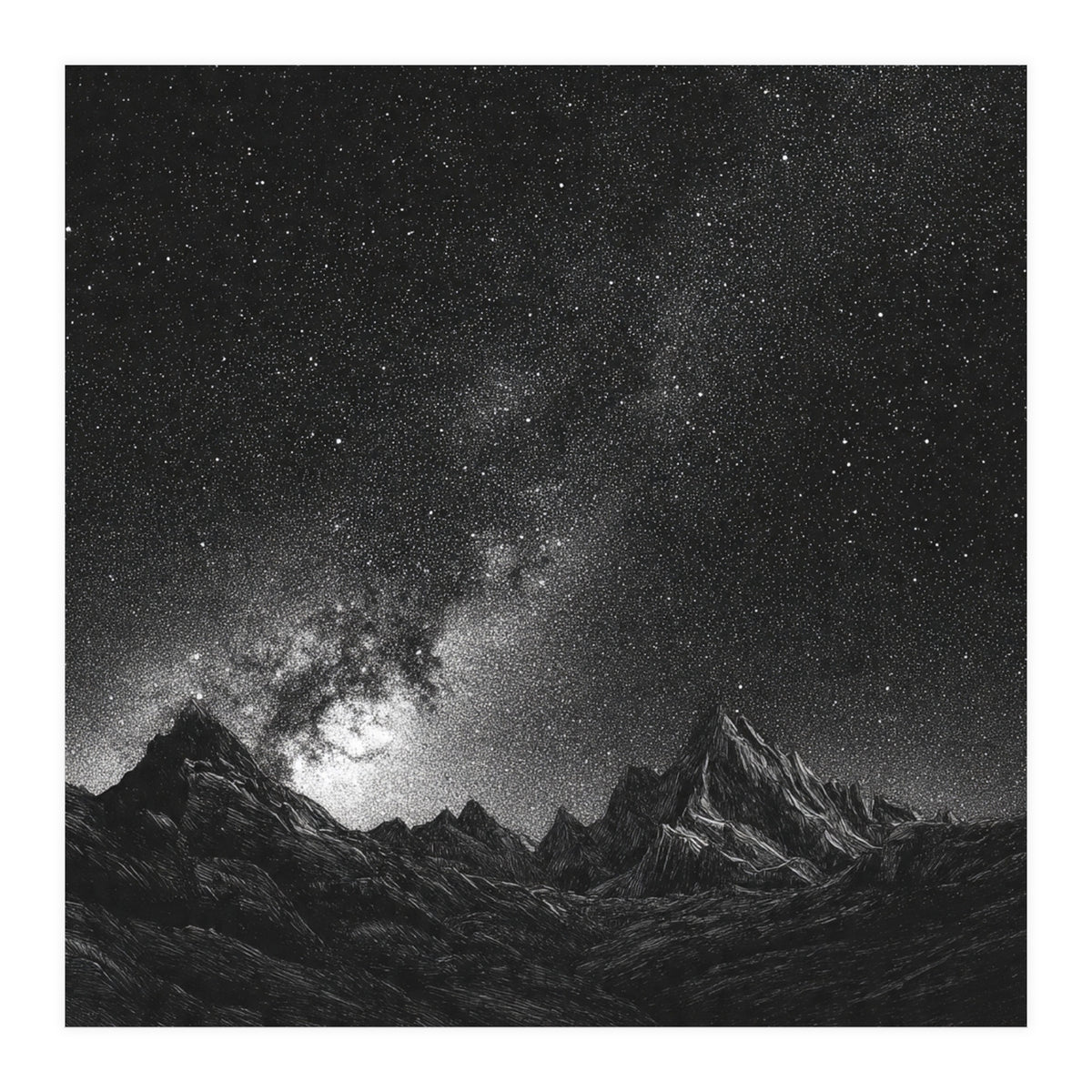 Starlit Mountain Majesty: Detailed Monochrome Milky Way (Print Only)