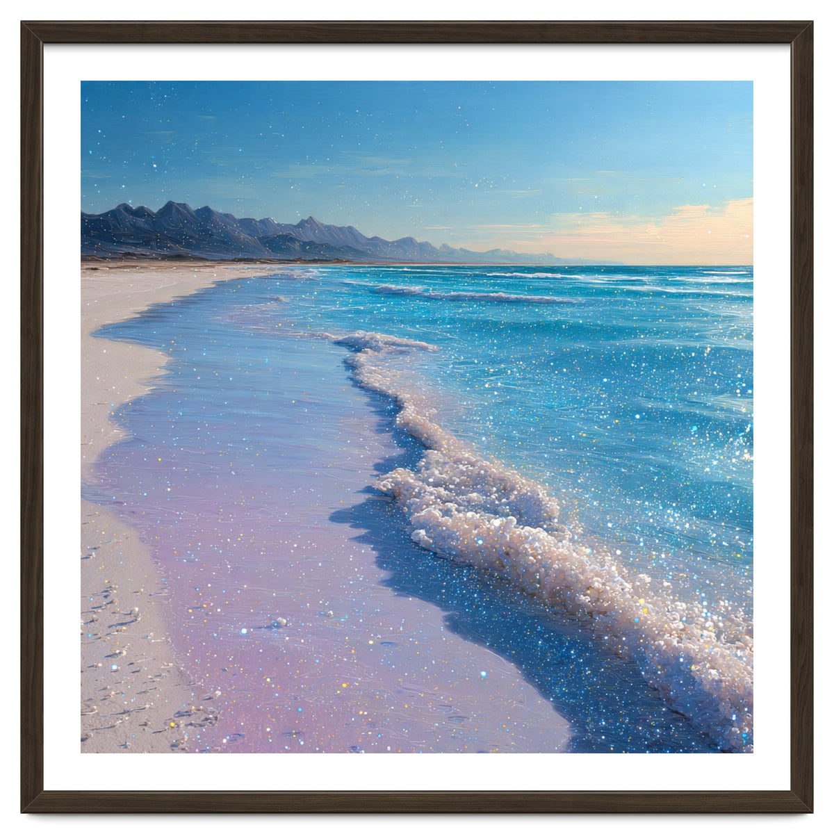 Sparkling Pastel Shoreline with Glittering Turquoise Waves