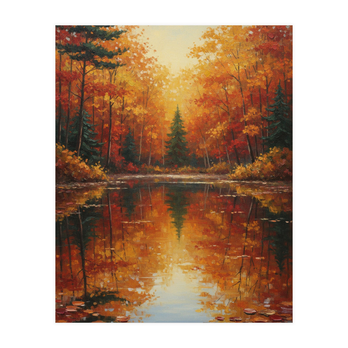 Golden Autumn Reflection: Impasto Forest Landscape (Print Only)