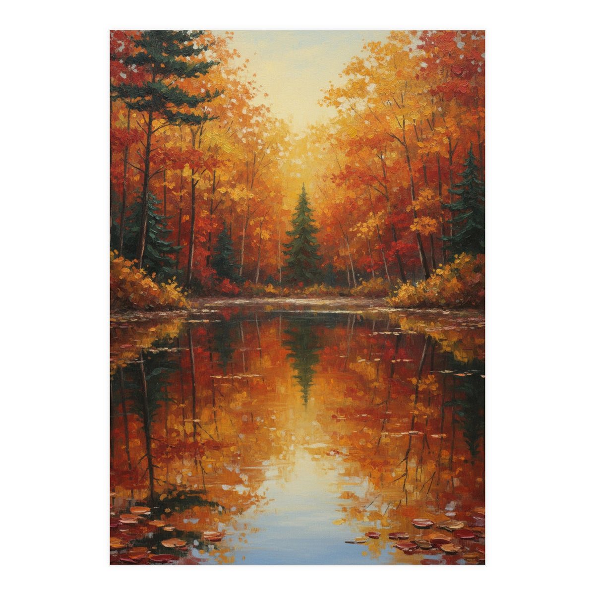 Golden Autumn Reflection: Impasto Forest Landscape (Print Only)