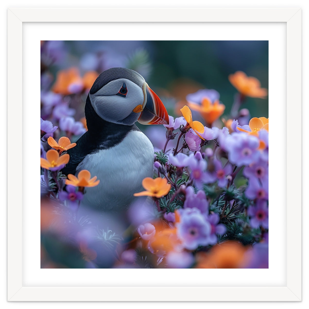 Puffin Bird Among Vibrant Purple And Orange Flowers