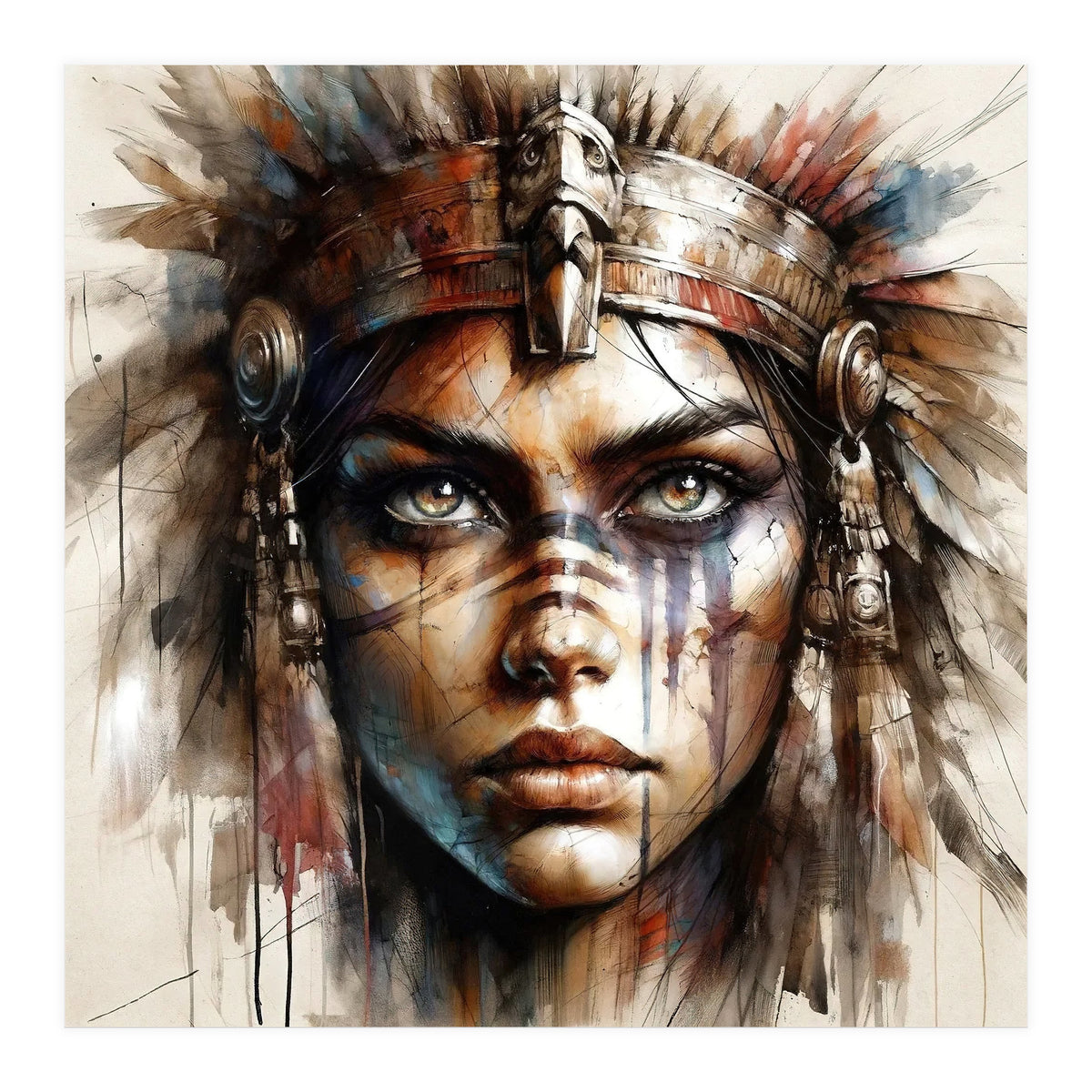 Regal Warrior Woman Watercolor Portrait (Print Only)