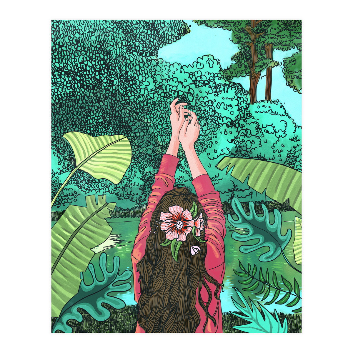 Comic Book Jungle | Tropical Banana Leaves Travel | Line Art Forest Botanical Illustration (Print Only)