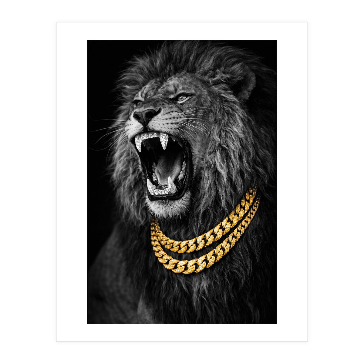 Bejweled hyper-realistic lion photography,diamond fangs portrait (Print Only)