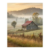 Rustic Red Roof Barn in Misty Morning Valley Landscape (Print Only) thumbnail