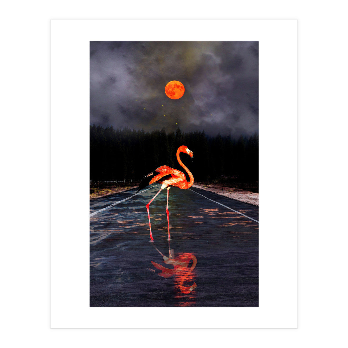 Flamingo and Red Moon  (Print Only)