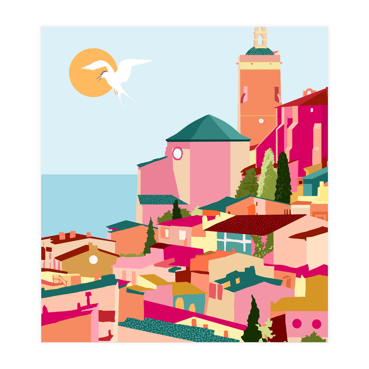 Crimson Rouge, Colorful Architecture Buildings, Greece Cityscape Skyline, Seagull Travel Summer Eclectic Bohemian Pop Of Color Positivity (Print Only)